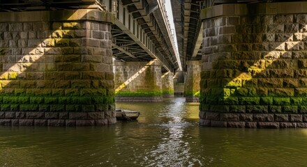 Tranquil river view under a majestic stone bridge with sunlit beams and green moss accents