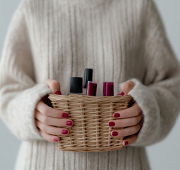 A woman holds a small woven basket filled with various skincare and cosmetic products