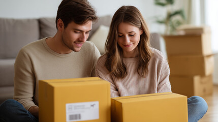 A man and woman smiling while inspecting packages they've received, surrounded by moving boxes in a living room.