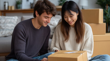 A man and woman smiling while inspecting packages they've received, surrounded by moving boxes in a living room.