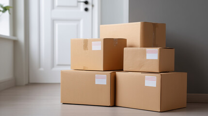 Delivery packages left at the doorstep or inside the home, ready for unboxing.