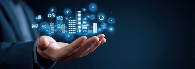 A hand holds a digital cityscape, with various data icons floating around it.  The image is a concept of urban technology