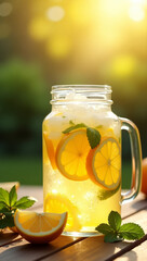 Bright and Refreshing Lemonade Drink with Ice Cubes in Glassware Container