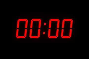 Digital clock displaying midnight time with red numbers on a black background. concept of timekeeping, midnight moment, minimalist design, night symbolism, digital display technology