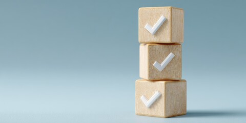 Three light beige wooden blocks stacked vertically, each bearing a white checkmark symbol