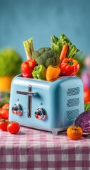 Retro toaster filled with colorful fresh vegetables