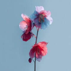 Muted pink and blue flowers on light blue background.  Close-up, studio shot