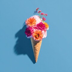 A waffle cone filled with pink and orange ice cream, topped with colorful flowers.  A shadow falls to the lower right