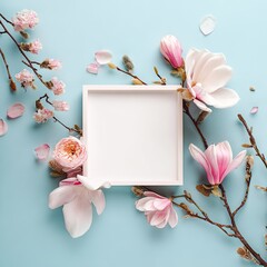 A light-blue background displays a white square frame surrounded by delicate pink magnolia blossoms, cherry blossoms, and rose petals