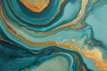 Abstract marbled art; teal, gold, and light blue flowing patterns