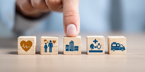 A hand places a wooden block featuring a healthcare icon, alongside blocks representing family, health, and city infrastructure