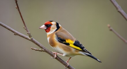 European goldfinch perched delicately upon a twig with stunning plumage details showing
