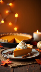 Delicious Pumpkin Pie Slice with Whipped Cream for Holiday Celebration