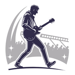 Silhouette of a guitarist in a hoodie walking on stage with a crowd and stage lights in the background created with generated ai