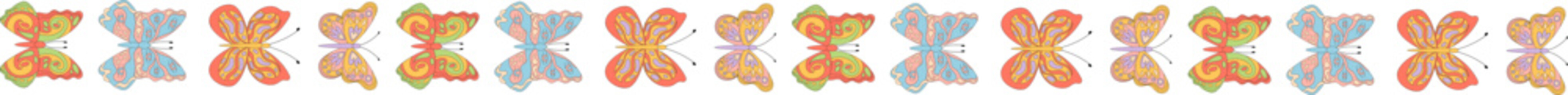 Groovy retro butterfly border in pattern with colorful flower accents. Funky y2k background gives this border happy, vintage style, ideal as modern spring pattern or creative floral