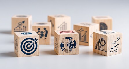 Wooden blocks with business icons arranged on a light background