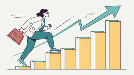 Businesswoman climbing bar chart stairs with briefcase and upward trending arrow illustration art created with generated ai