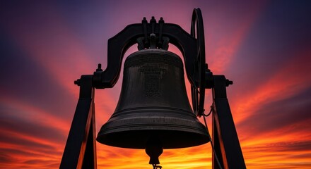 Liberty Bell silhouetted against a dramatic sunset sky, symbolizing freedom and heritage