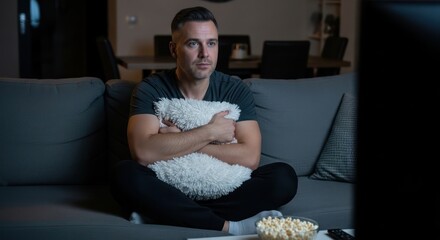 Immersed in cinematic experience: Thoughtful man on couch captivated by intense movie moment