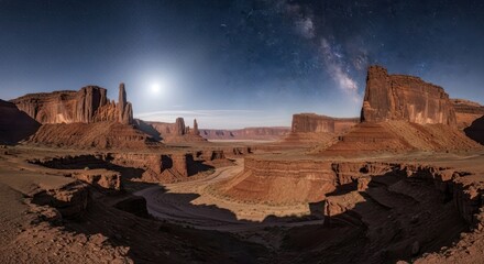 Monument Valley panoramic vista under celestial canopy evokes serenity adventure