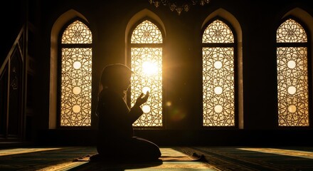 Tranquil moment of faith personified through silhouette against radiant mosque windows