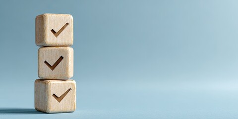 Three light beige wooden cubes stacked vertically, each with a checkmark symbol.  A pale, light-blue background creates a minimalist, clean aesthetic