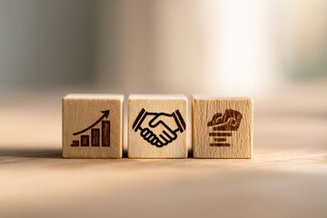 Three wooden blocks, each with a symbolic graphic.  Growth, handshake, and collaboration icons.  Light, blurred background