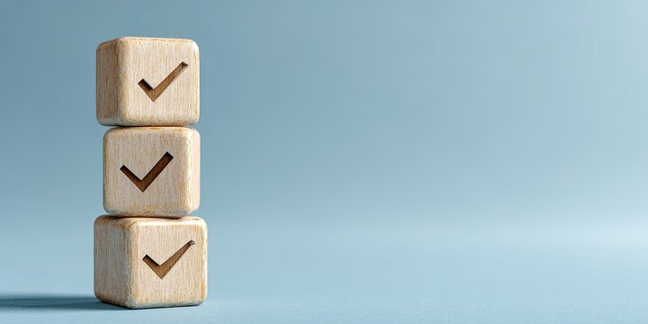 Three light beige wooden cubes stacked vertically, each with a checkmark symbol.  A pale, light-blue background creates a minimalist, clean aesthetic