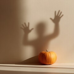 A pumpkin sits beside a shadow of a person's silhouette with outstretched arms, against a beige wall