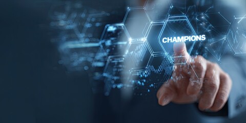 A hand points at the word "Champions" displayed as a holographic projection surrounded by data visualizations