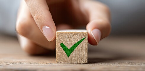 A hand holds a small wooden block with a green check mark
