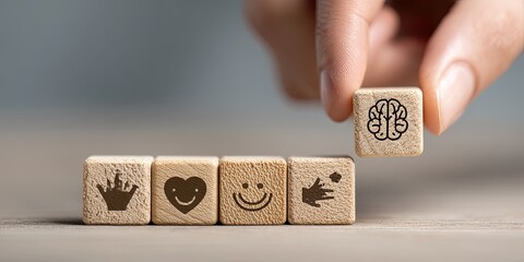 Wooden blocks with icons, hand placing a block with a brain icon