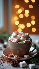 Cozy Winter Hot Chocolate with Marshmallows and Bokeh Light Holiday Treat
