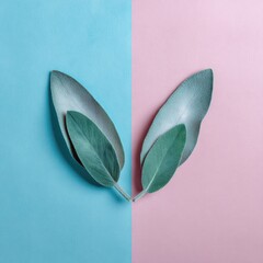 Two sets of overlapping sage leaves, one on turquoise and the other on a muted pink background, creating a symmetrical design