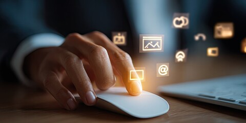 Close-up of person using a computer mouse with glowing digital icons