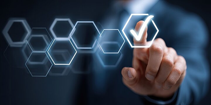 Businessperson interacts with a glowing, holographic checklist interface - Powered by Adobe