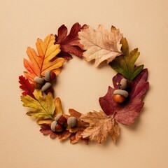 Autumn wreath of colorful leaves and acorns