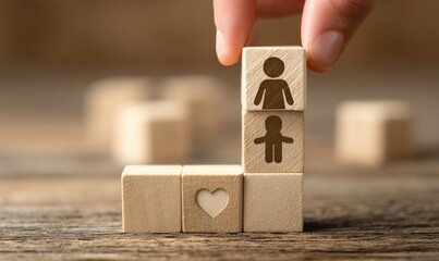 A hand places wooden blocks, each with a symbolic figure,  forming a family structure.  A heart is also included