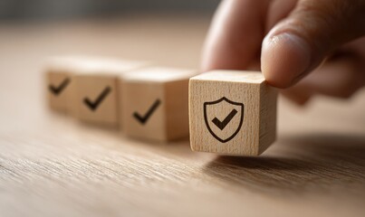 A hand places a small wooden block, depicting a shield with a check mark, next to other blocks with check marks