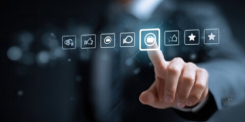 Businessperson's finger interacts with glowing interface, selecting a function with multiple selectable icons