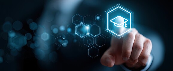 A hand touches a glowing graduation cap icon, overlaid on a dark background with a network of glowing hexagons