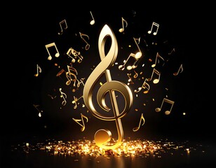 Golden treble clef surrounded by musical notes on a dark background