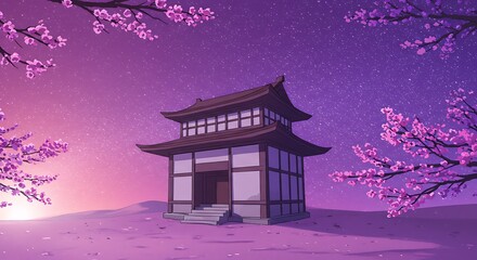 Japanese temple illuminated by twilight sky amidst blossoming cherry trees