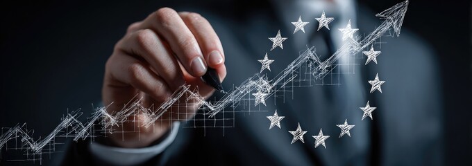 Fototapeta premium Hand drawing a rising graph overlaid with the EU flag symbol