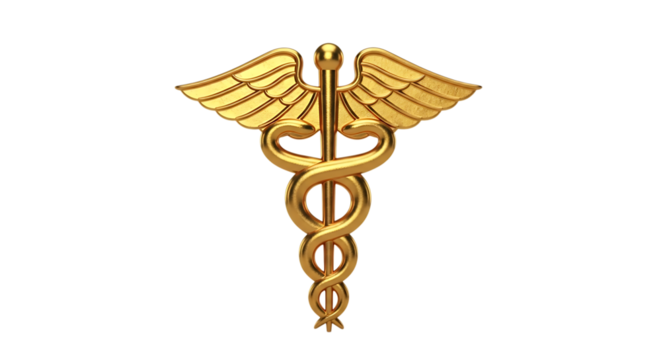 Golden Caduceus Medical Symbol with Wings health healthcare cutout PNG isolated on a transparent background