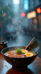 Delicious Traditional Japanese Ramen Noodle Soup with Toppings in Rainy Weather