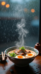 Delicious Asian Ramen Bowl with Eggs and Meat Culinary Still Life