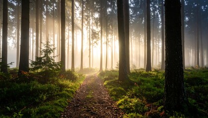 Misty forest path bathed in sunlight