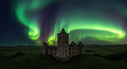 Fototapeta premium Historic castle under northern lights in night sky
