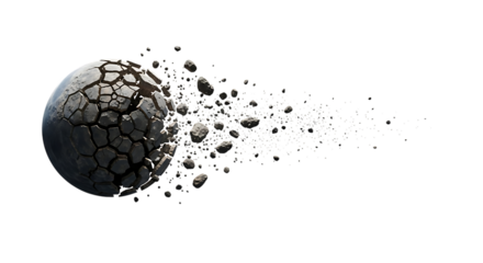 Fragmenting Planet Earth with Cracks and Debris Flying Off Isolated space cosmos cutout PNG isolated on a transparent background
